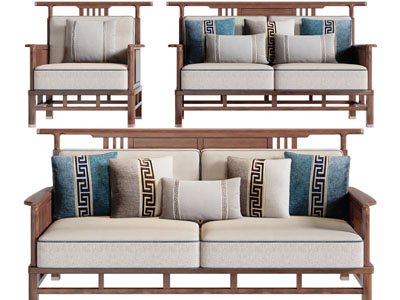 新中式实木双人、单人沙发3d模型 新中式实木双人、单人沙发