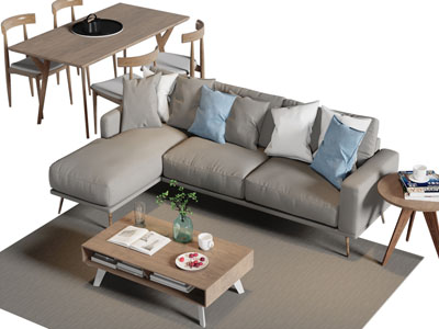 北欧布艺转角多人沙发、茶几和实木餐桌椅组合