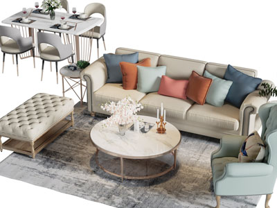 美式多人、单人沙发、沙发凳和茶几组合