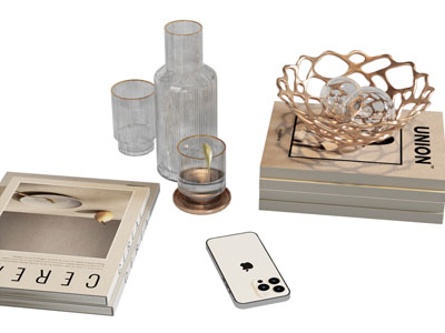 现代书籍、花瓶和烛台摆件组合