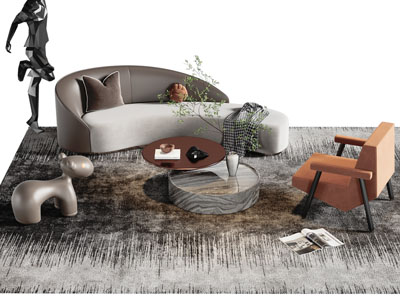 现代弧形多人沙发、休闲椅子和茶几组合