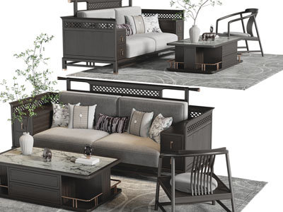 新中式带收纳的多人沙发、休闲椅子、茶几组合