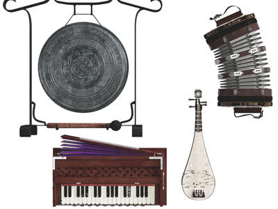 中式古典乐器六角形风琴、琵琶、锣3d模型 中式古典乐器六角形风琴、琵琶、锣