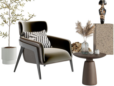 新中式单人沙发、边几3d模型 新中式单人沙发、边几