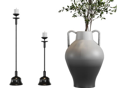 现代烛台、陶罐摆件组合