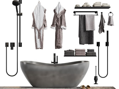 新中式金属淋浴花洒、浴缸和毛巾