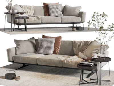 新中式多人沙发、边几3d模型 新中式多人沙发、边几