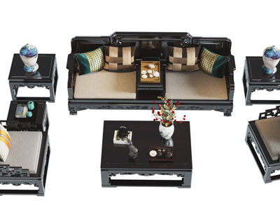 中式古典实木多人、单人沙发、茶几组合