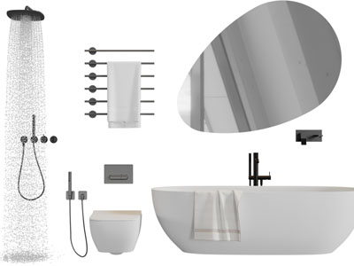 现代不锈钢淋浴花洒、壁挂式马桶、浴缸