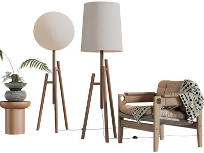 侘寂风实木休闲椅子、落地灯