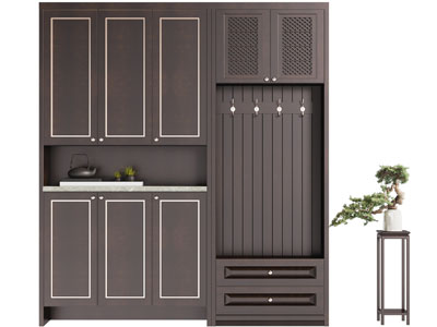 新中式玄关鞋柜、花架盆景