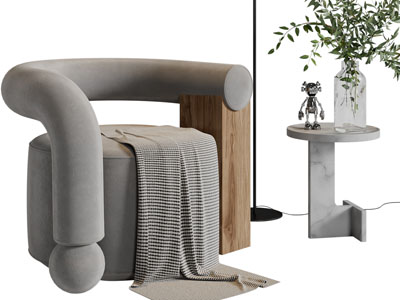 侘寂风镂空靠背的单人沙发、边几3d模型 侘寂风镂空靠背的单人沙发、边几