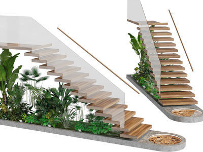 现代装饰植物、玻璃扶手楼梯3d模型 现代装饰植物、玻璃扶手楼梯