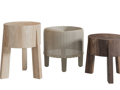 侘寂风实木、藤编圆形凳子