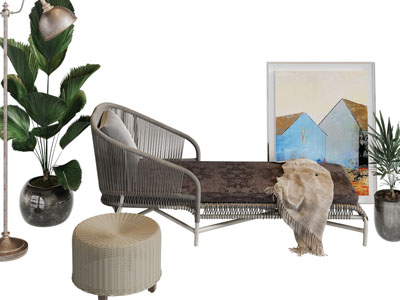 侘寂风编织靠背躺椅、坐凳