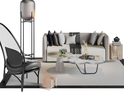 新中式双人沙发、休闲椅子和茶几组合