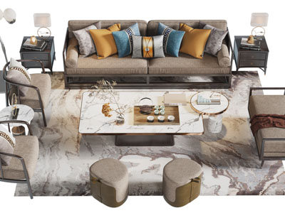 新中式多人沙发、休闲椅子、沙发凳和茶几组合