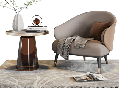 新中式单人沙发、边几3d模型 新中式单人沙发、边几