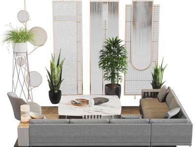 现代转角多人沙发、茶几和隔断组合