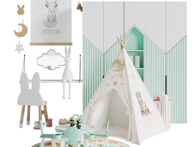 北欧帐篷、装饰柜和儿童桌椅组合