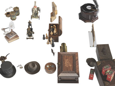 现代复古唱片机、实木行李箱摆件组合