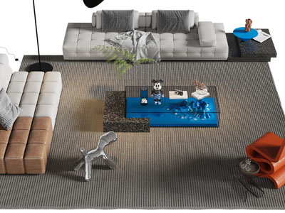 现代布艺多人沙发、休闲椅子和茶几组合