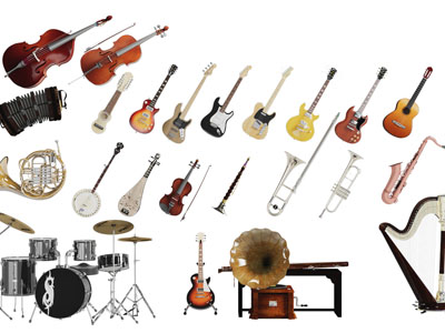 现代电吉他、手风琴、架子鼓和竖琴画具乐器3d模型 现代电吉他、手风琴、架子鼓和竖琴画具乐器