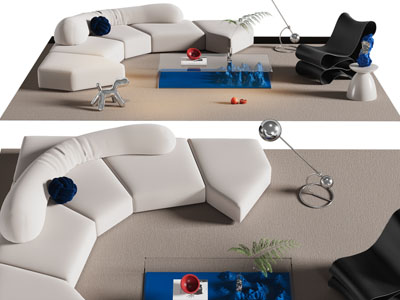 现代转角多人沙发、休闲椅子和茶几组合