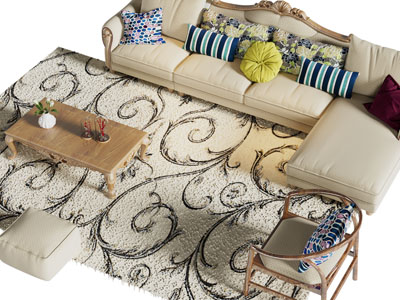 欧式布艺转角多人沙发、休闲椅子和茶几组合