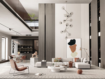 现代别墅挑高客厅餐厅