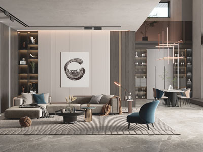 现代别墅客厅餐厅