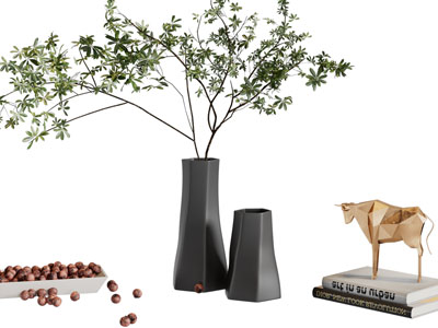 现代陶瓷花瓶花卉、书籍摆件组合