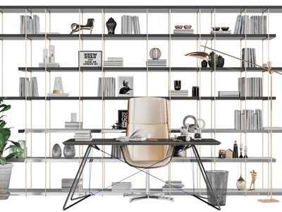 现代轻奢书桌椅组合、书架