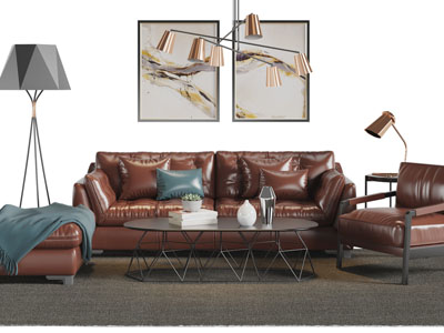 后现代复古皮质双人、单人沙发和茶几组合