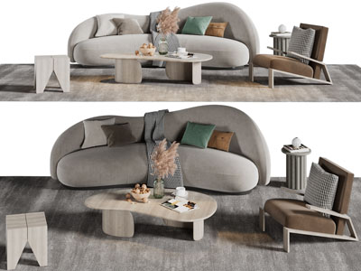 侘寂风不规则多人沙发、休闲椅子和茶几组合