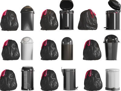 黑色塑料袋袋装垃圾和垃圾桶