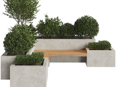 现代户外花坛盆栽植物、公共椅子