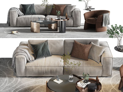 现代布艺双人、单人沙发和茶几组合