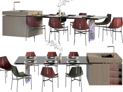 现代带水吧台的餐桌椅组合