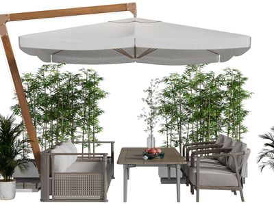 新中式户外遮阳伞、茶几组合