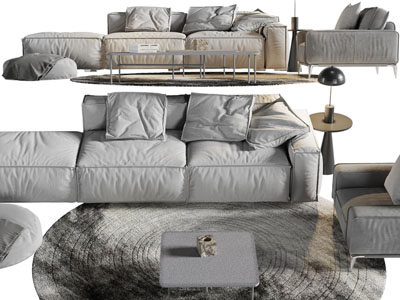 现代布艺多人、单人沙发和茶几组合