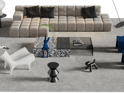 侘寂风转角多人沙发、休闲椅子和茶几组合