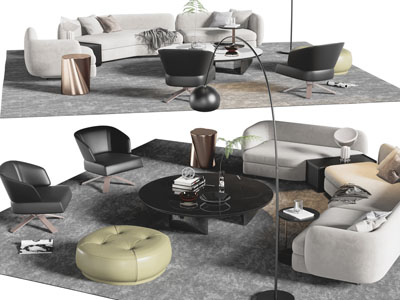 现代转角多人沙发、休闲椅子和圆形茶几组合