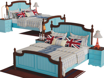 地中海实木蓝色双人床、床头柜
