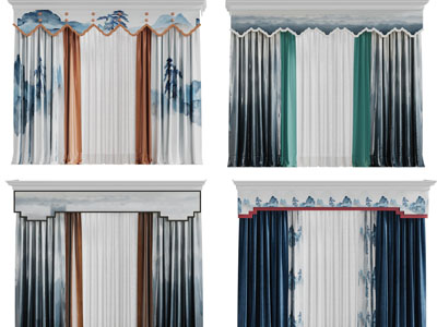 中式装饰山水的窗帘窗纱