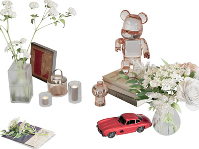 现代烛台、玻璃熊、花瓶花卉摆件组合