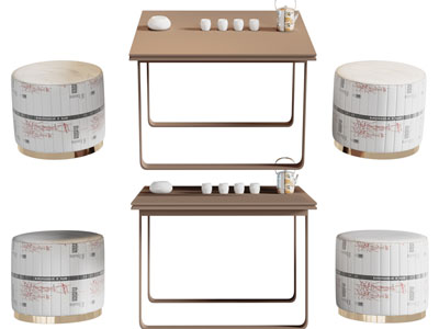 新中式茶桌、圆形坐墩组合