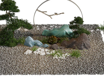 新中式石子、松树、假山景观园艺小品