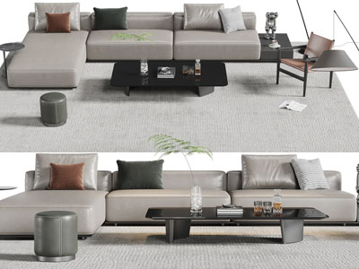 新中式转角多人沙发、茶几和休闲椅子组合