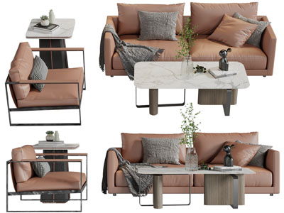 现代皮质双人、单人沙发和茶几组合